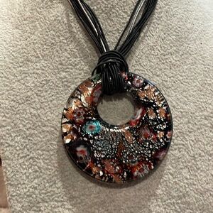 Venetian Glass Murano Style Disc Pendant Necklace Rose Tone Black Silver